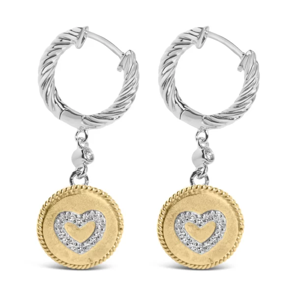 18K Gold Plated Sterling Silver Diamond Heart Drop Earrings - 1/8 Cttw - Image 3