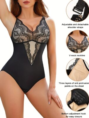 Contrast Lace Shaping Bodysuit, V Neck Sleeveless Slimming Body Shaper, Women’s Underwear & Shapewear