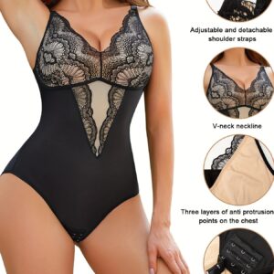Contrast Lace Shaping Bodysuit, V Neck Sleeveless Slimming Body Shaper, Women’s Underwear & Shapewear